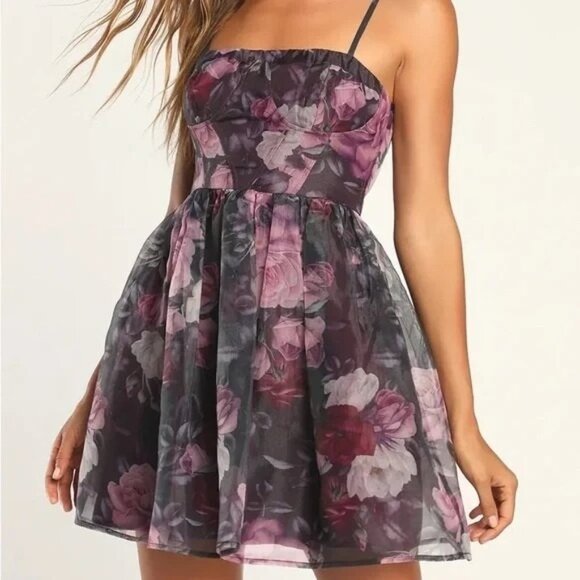Lulus Dresses & Skirts - LAST CHANCE Lulus XS Midnight Beauty Black Purple Floral Bustier Mini Dress